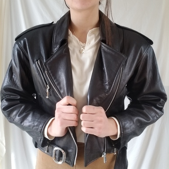 Vintage Jackets & Blazers - Vintage 80's Shoulder Pad Black Leather Jacket
